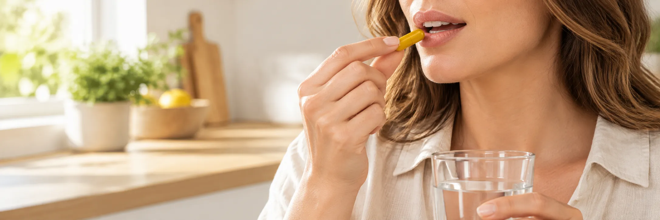 Person taking a bright yellow capsule with water nearby