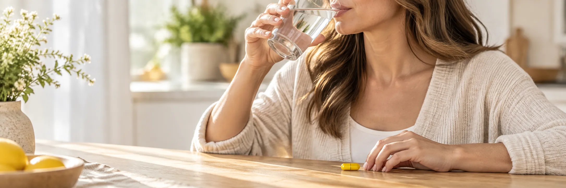 Person drinking water while taking a capsule
