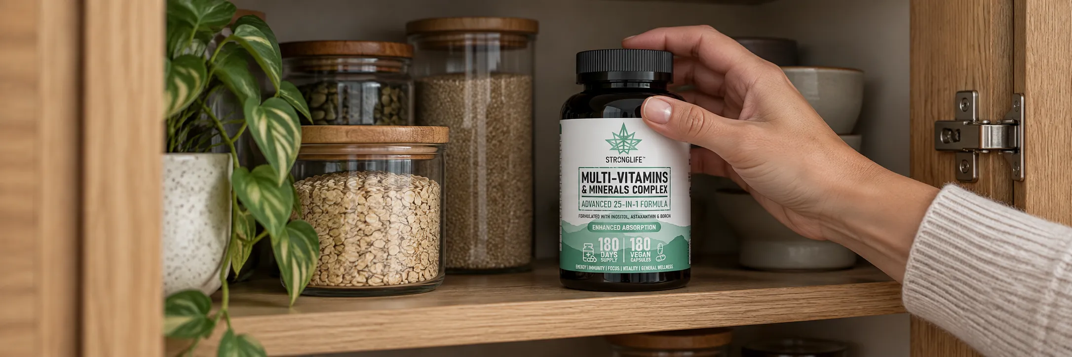 Stronglife vitamins bottle being stored in a shaded kitchen cupboard