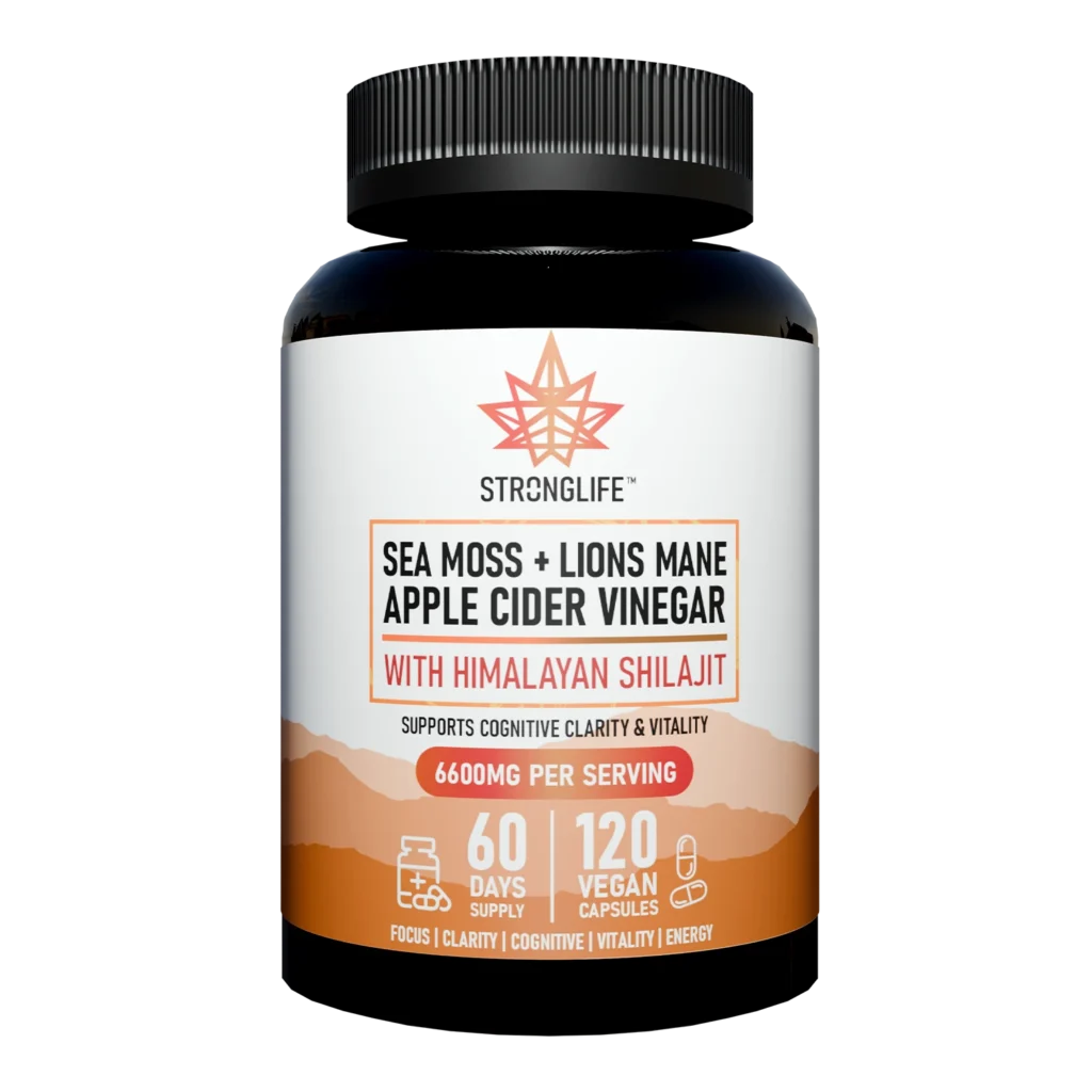 shilajit sea moss and lion's mane capsules with apple cider vinegar stronglife supplements natural vegan