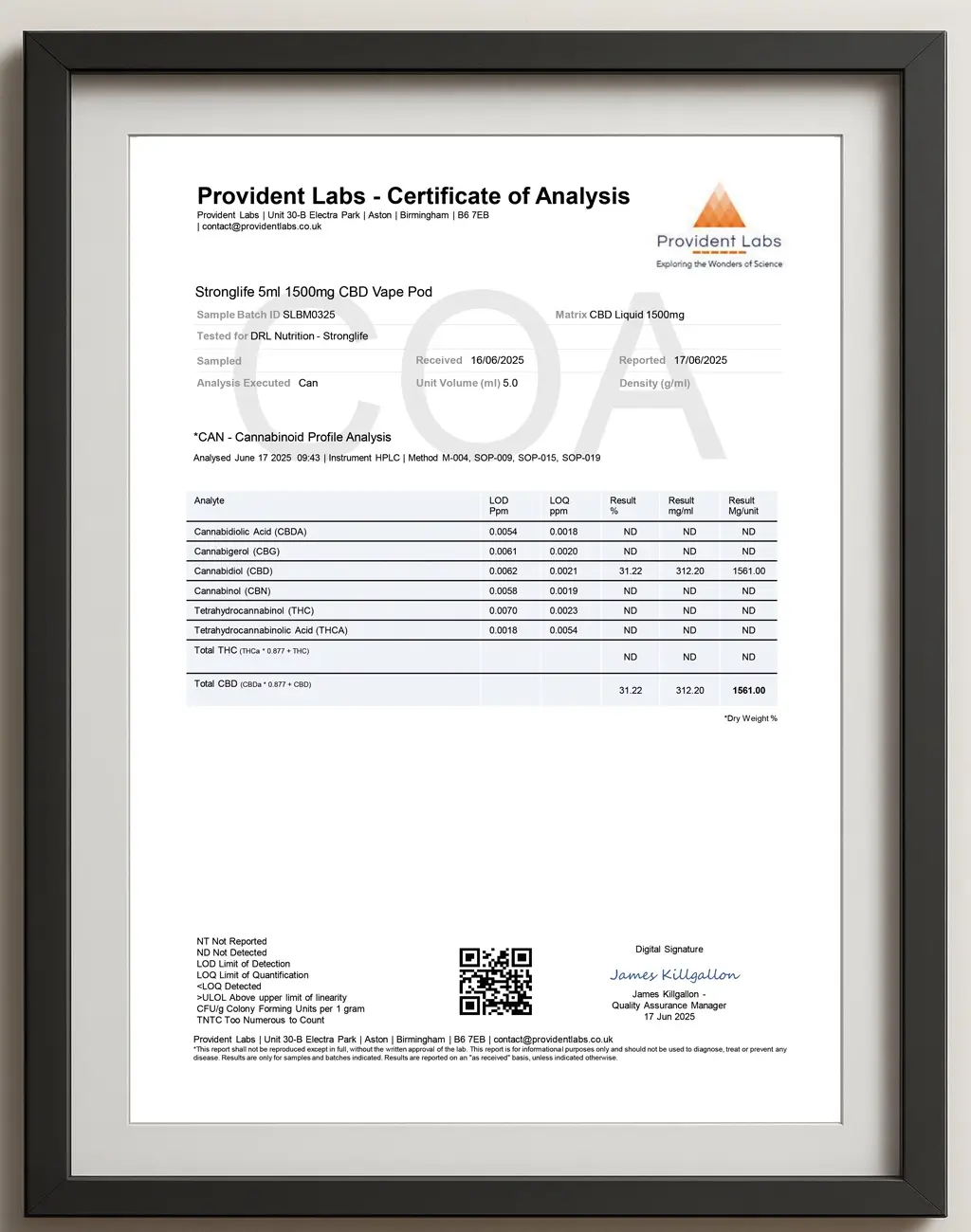 CBD Vapes Pod Kit - CoA Laboratory Test Report