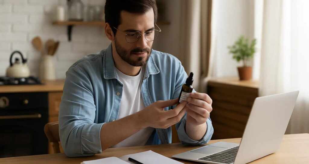 is hemp oil the same as cbd oil person reading bottle while researching