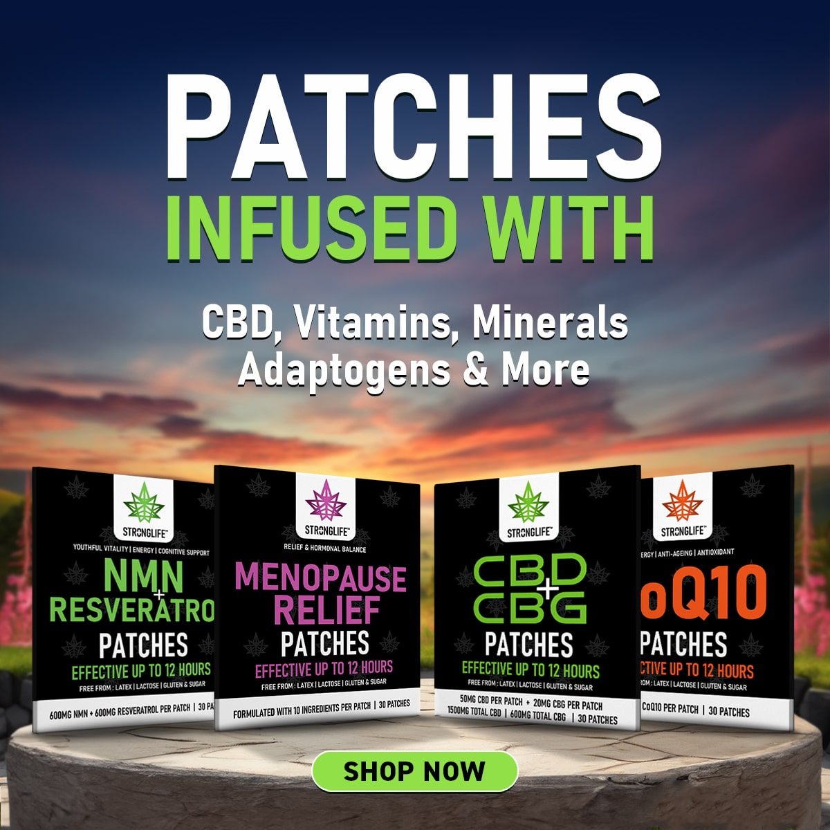 Buy Transdermal Patches Stronglife CBD Magnesium Collagen Mushrooms NMN Resveratrol Menopause CoQ10 Vitamins Minerals Adaptogens
